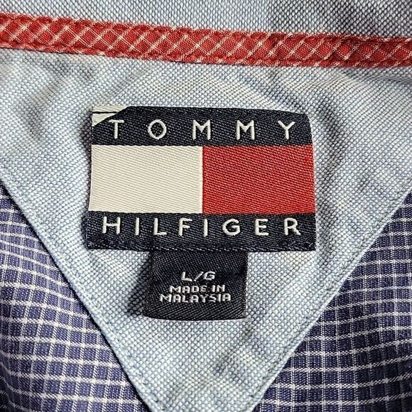 TOMMY HILFIGER Blue and White Plaid Men's Dress Shirt Large - Picture 6 of 6